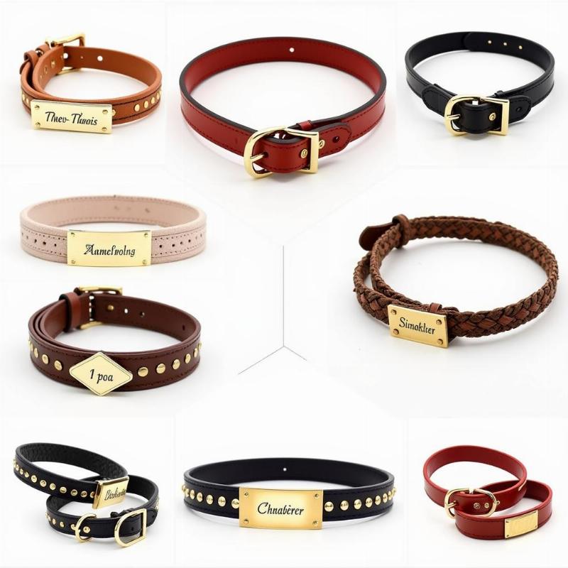 Different types of leather dog collars with nameplates