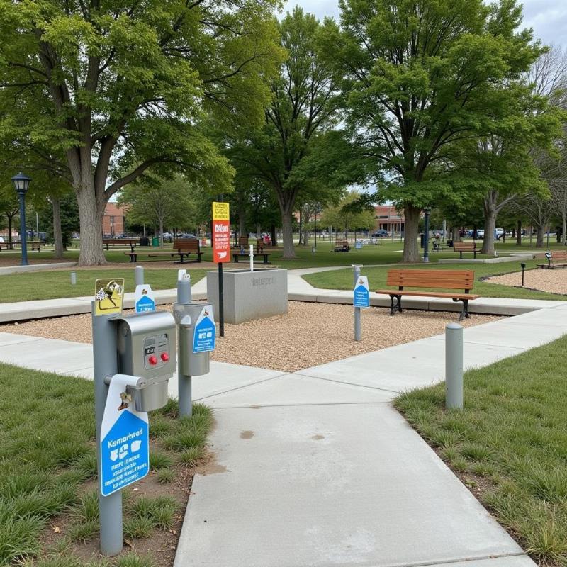 Dog park amenities at Woodview: water fountains, waste bags, benches, and shaded areas.