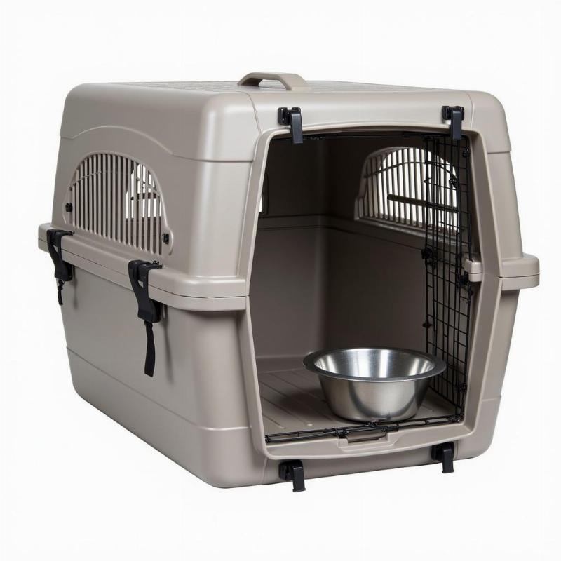 An airline-approved dog crate with proper ventilation and secure latching mechanisms.