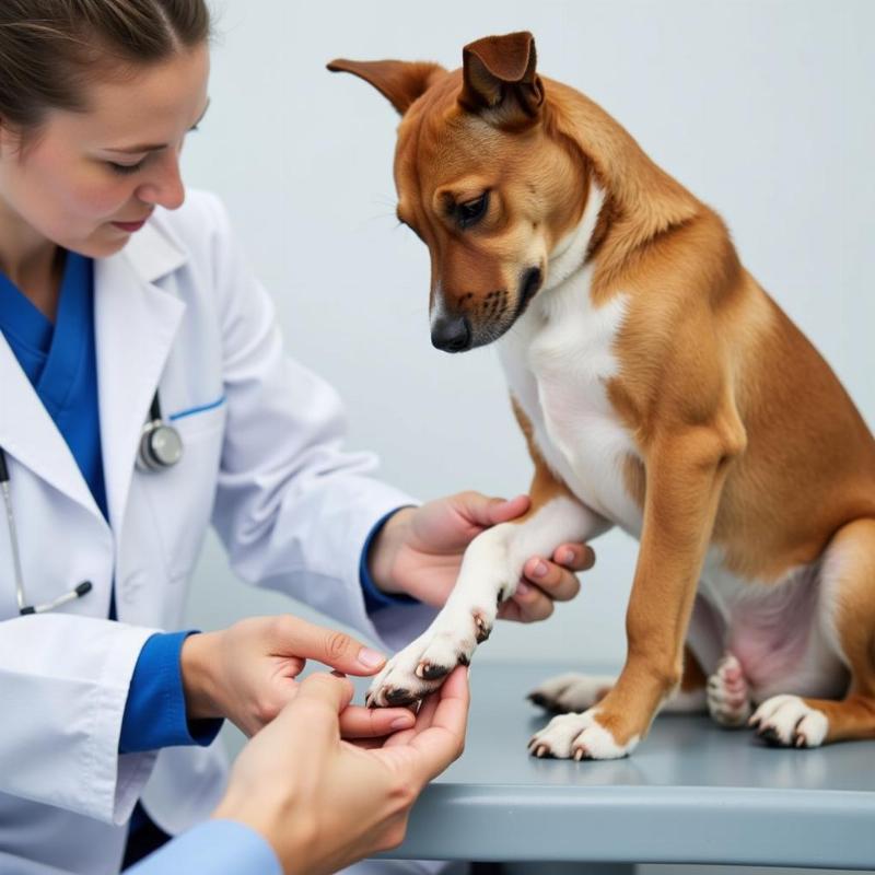 Veterinarian examining dog's paw