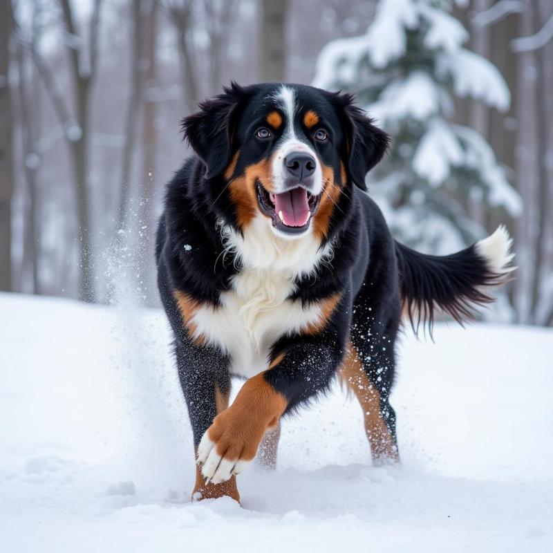 Bernese Mountain Dog playing in the snow