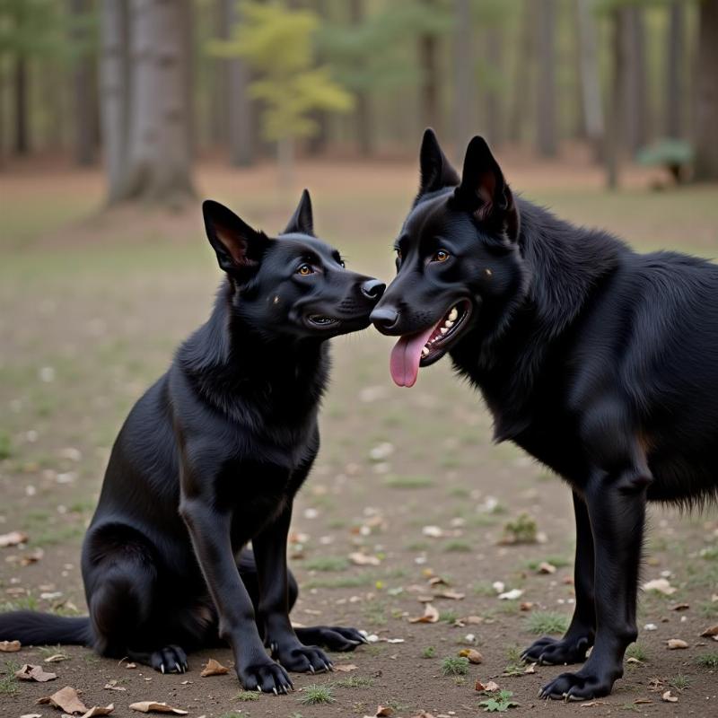 Black wolf dog hybrid receiving training from its owner.