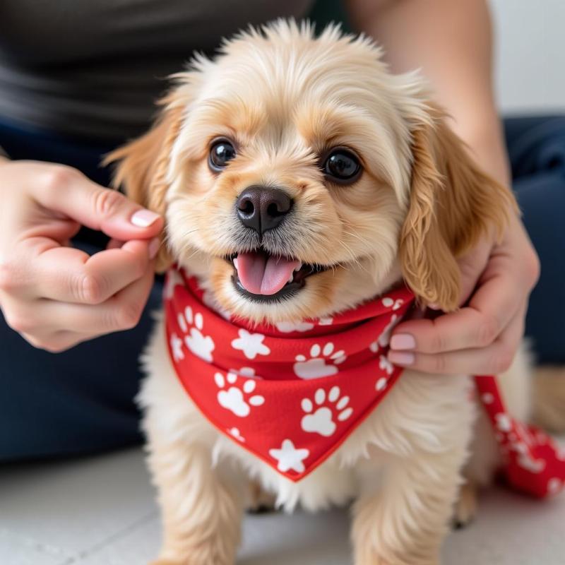 Tying a Dog Scarf: A woman carefully tying a patterned scarf around her small dog's neck.