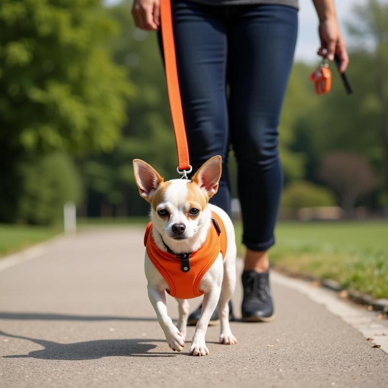 Chihuahua Wearing a Hawk Vest Walking with Owner