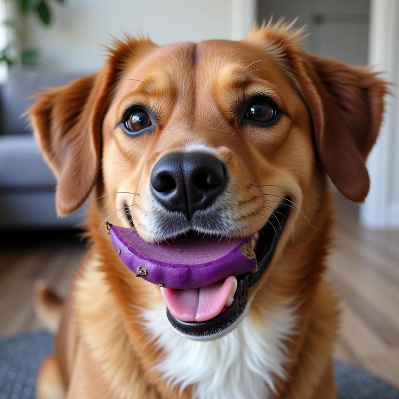 A dog eating purple sweet potato