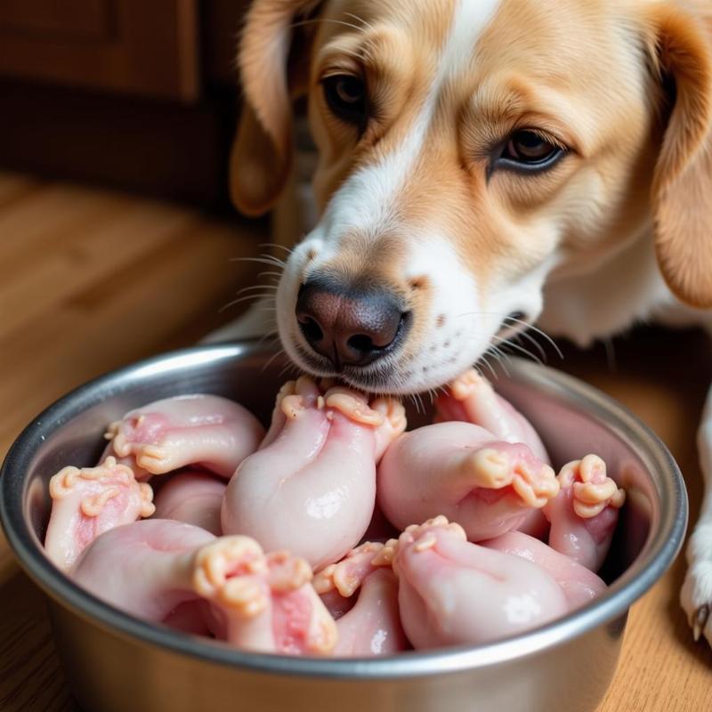 Dog eating raw turkey gizzards