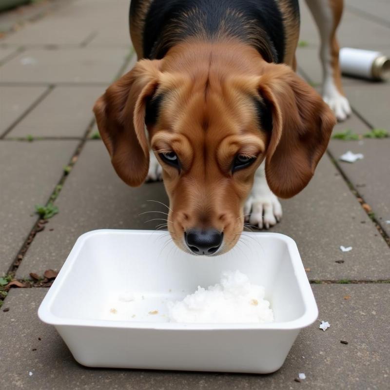 Dog eating styrofoam