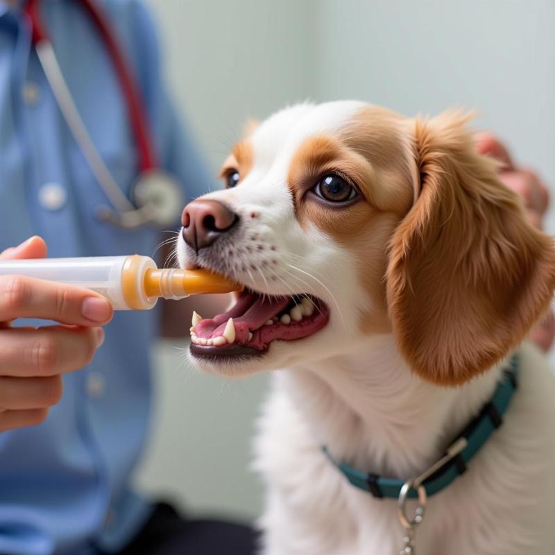 A dog with a broken jaw being fed soft food