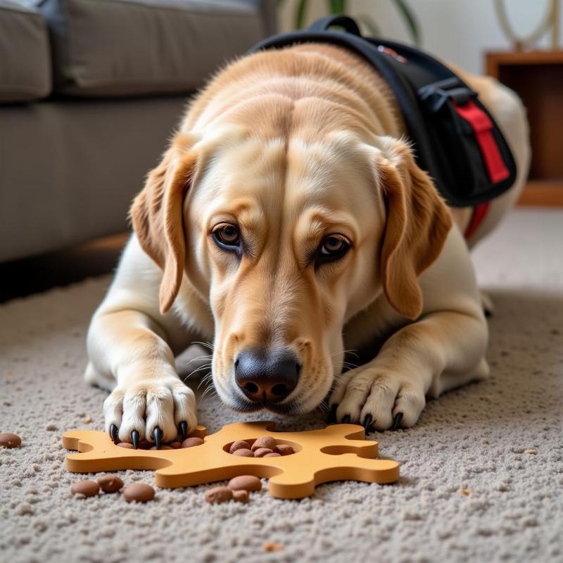 Service dog playing with puzzle toy