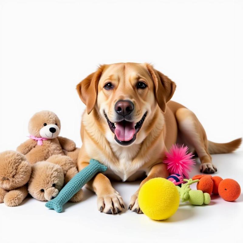 Happy dog with toys