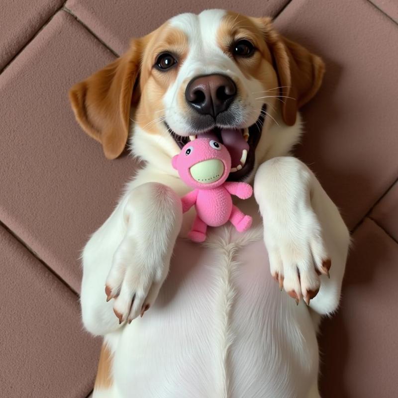 Dog happily playing with a toy