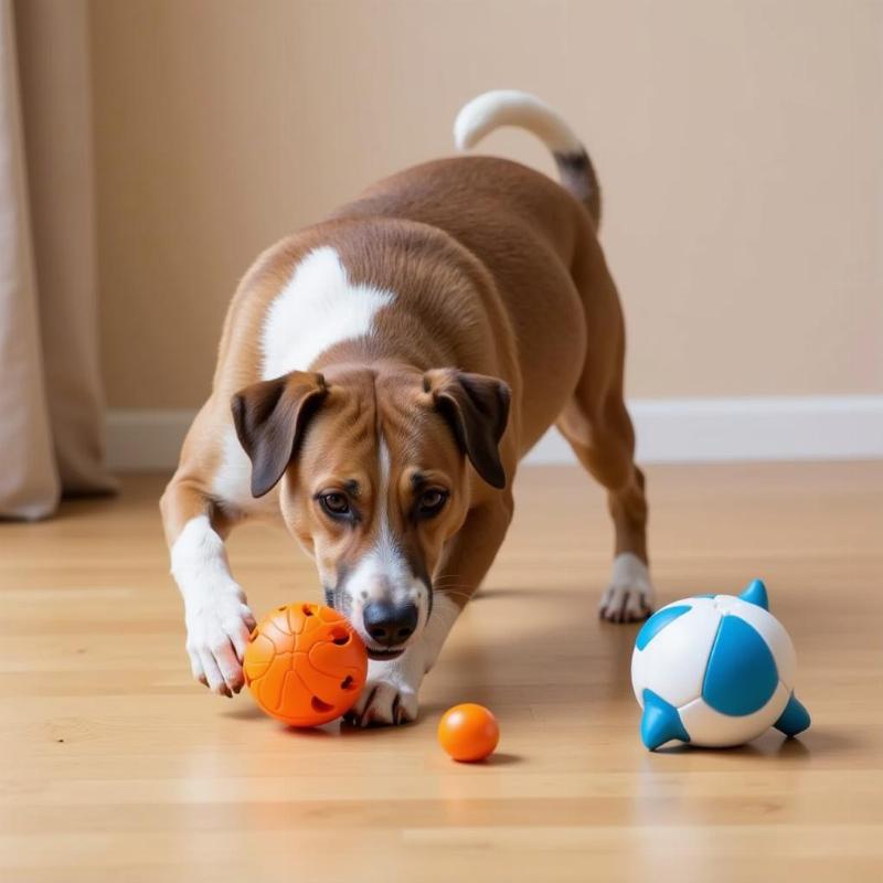 Dog playing with toys