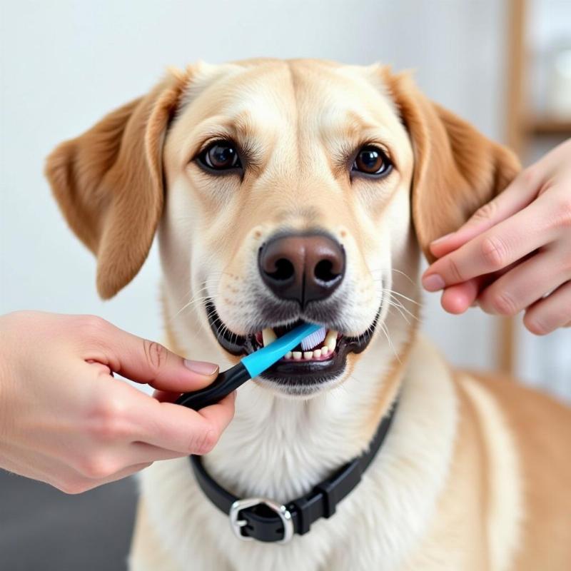 Dog getting its teeth brushed