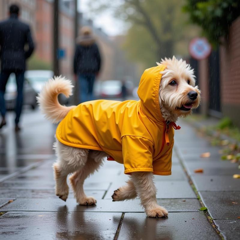 Dog wearing a raincoat walking in the rain