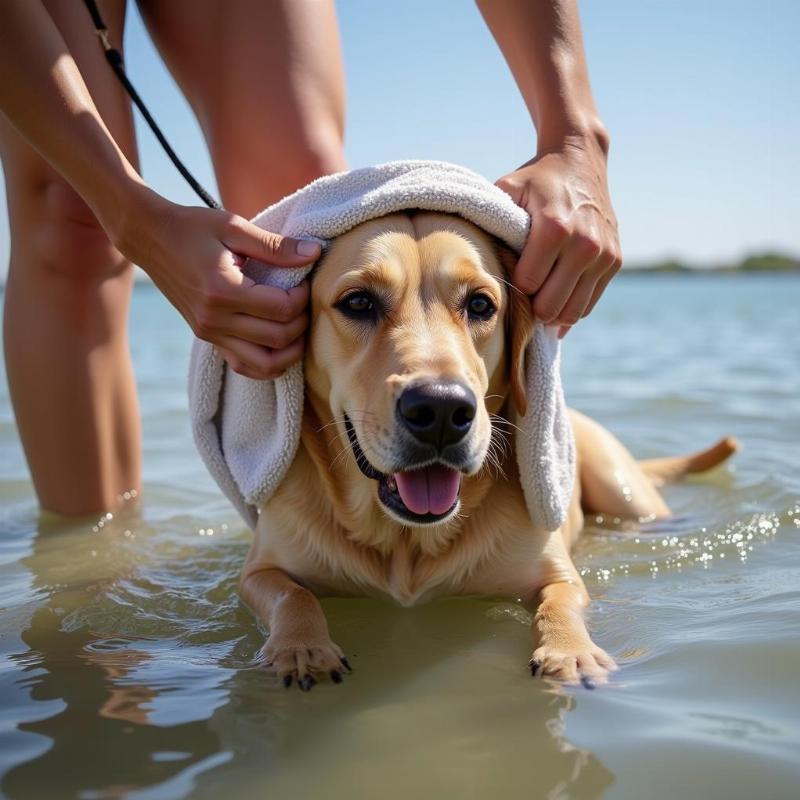 Dog being towel dried