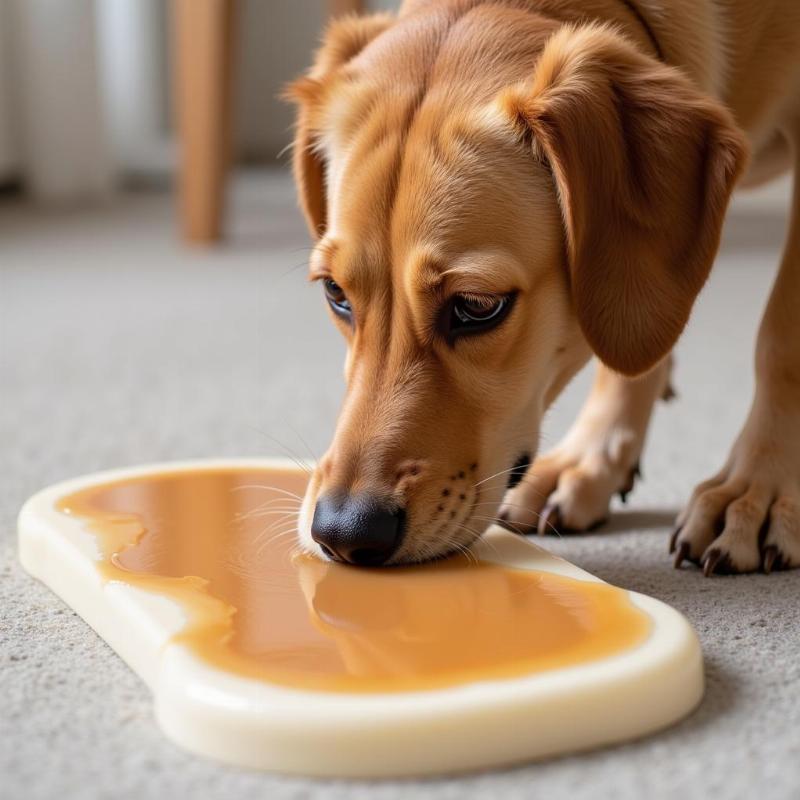 Dog Licking Chicken Broth on a Lick Mat