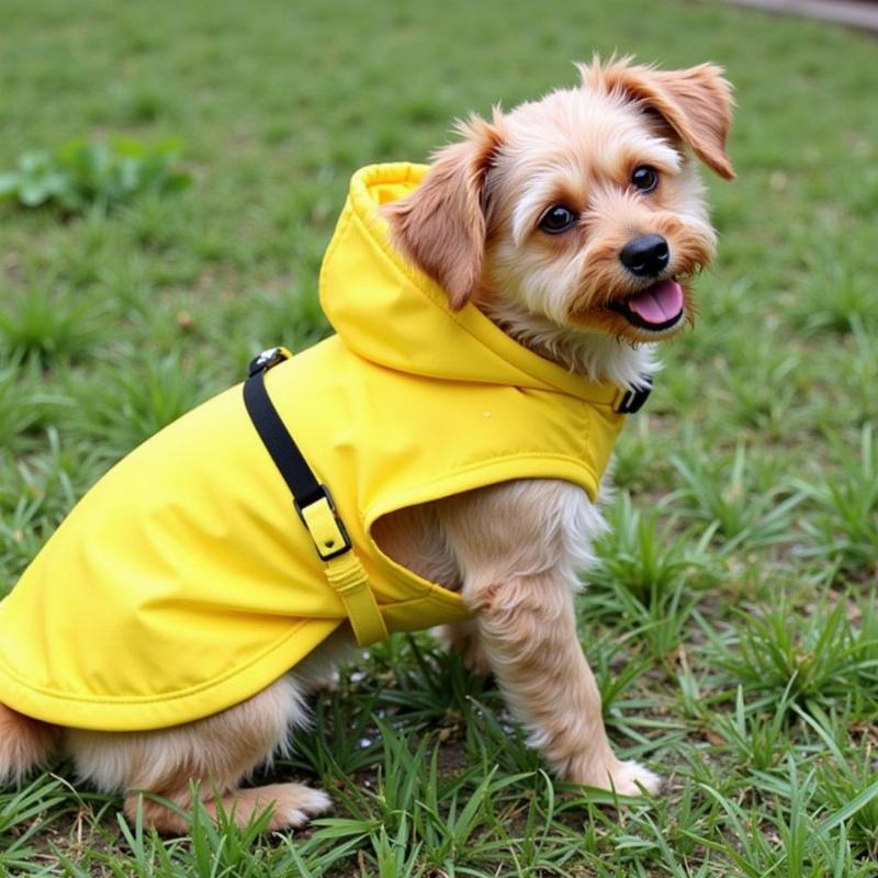 Dog wearing a rain coat with harness