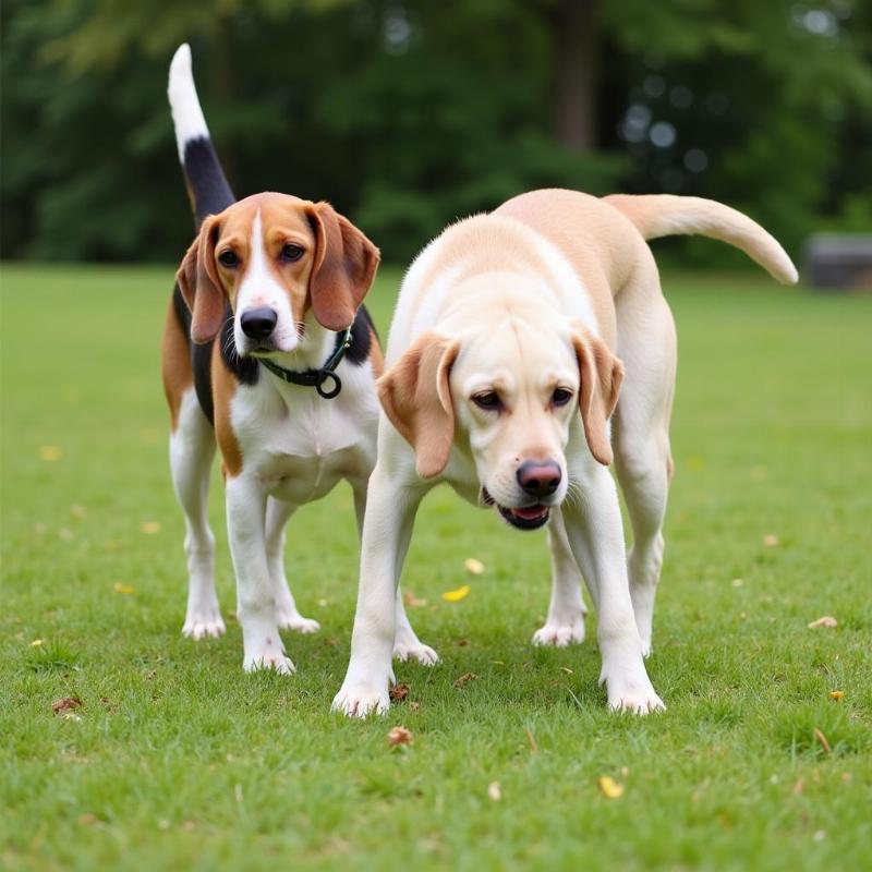 A dog inviting another dog to play