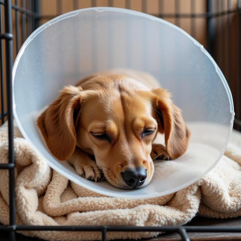 Dog sleeping in a crate with a protective cone