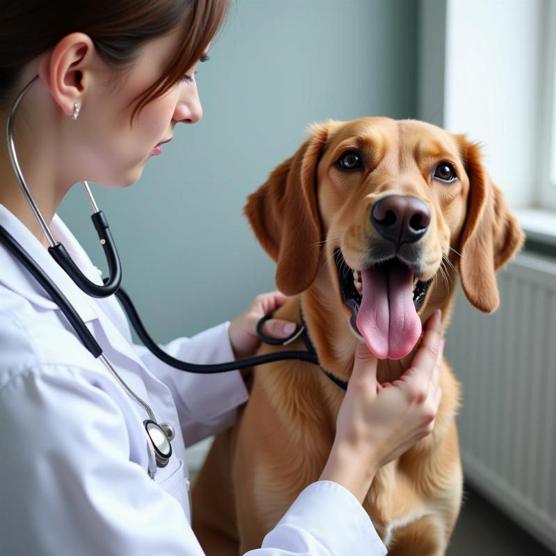 Dog panting being examined by a vet