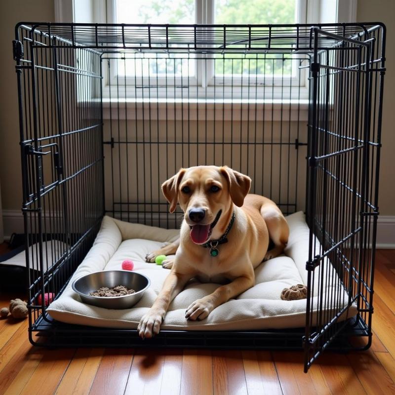 Dog in crate while at work