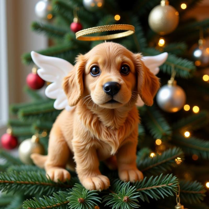 Golden Retriever dog angel tree topper with a halo and wings, perched atop a Christmas tree