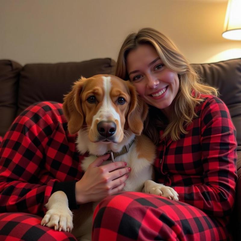 Owner and Dog in Matching Pajamas