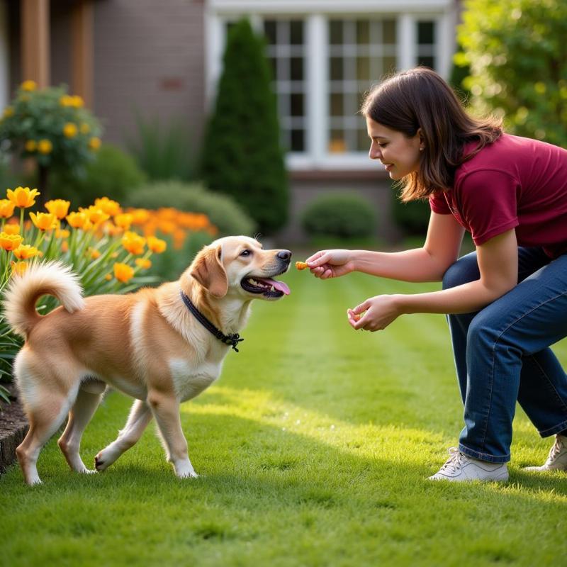 Dog receiving training near flower bed