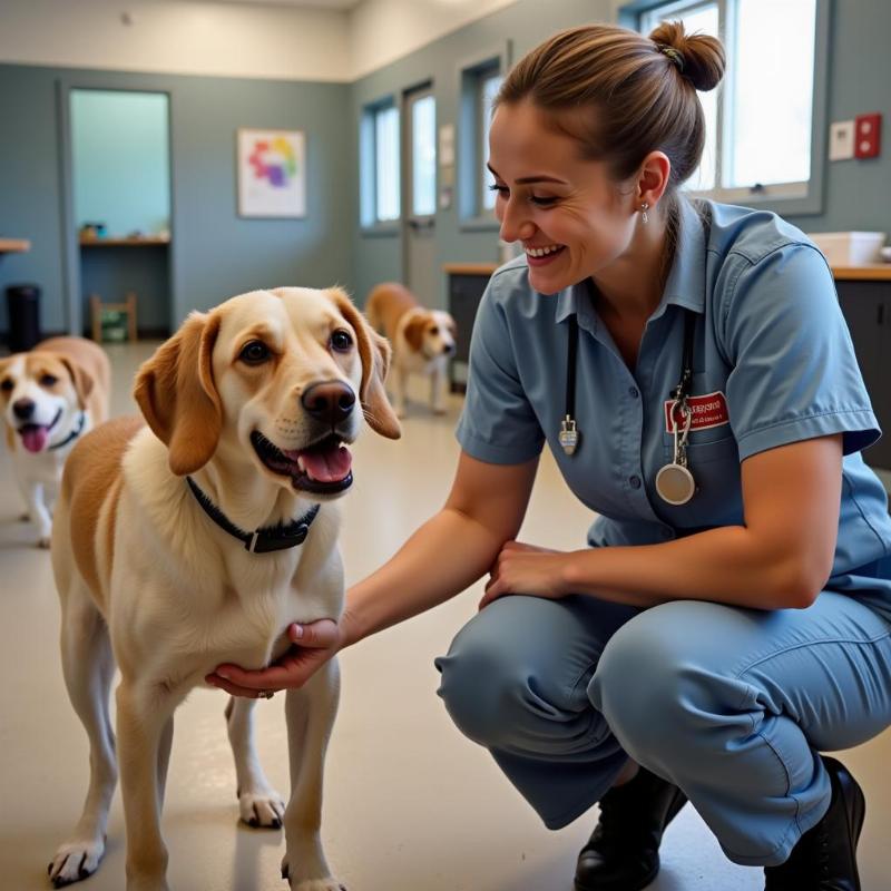 Dog daycare staff member interacting with a dog