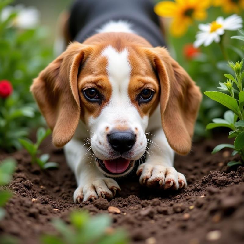 Dog digging in a garden