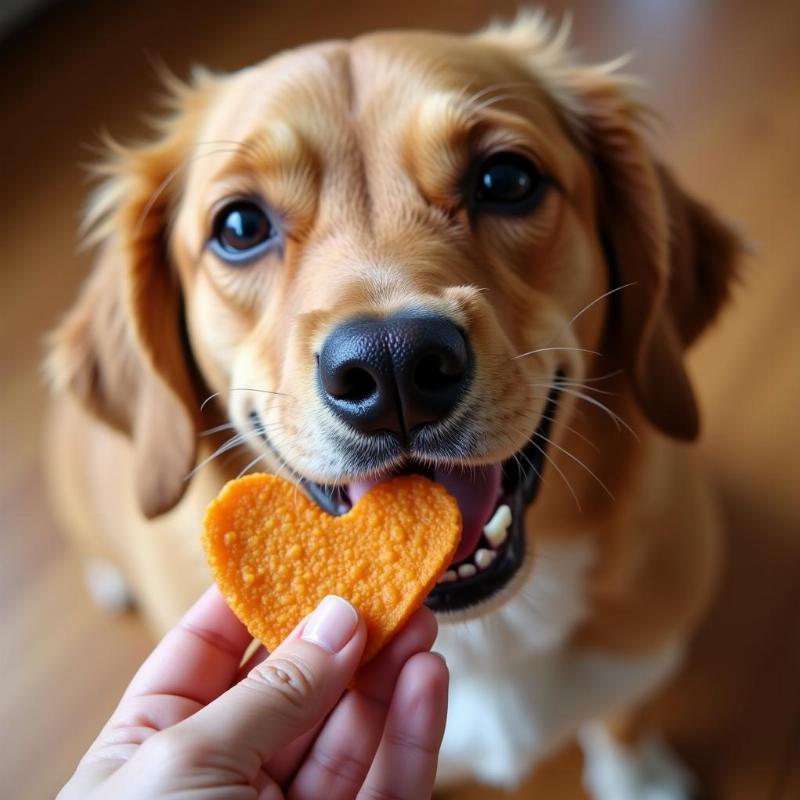 A dog enjoying freeze-dried chicken heart treats