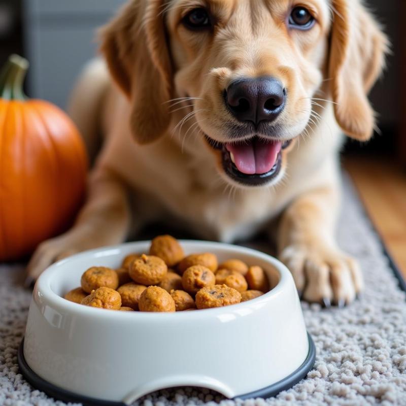 A Happy Dog Eating Chicken and Pumpkin Dog Food