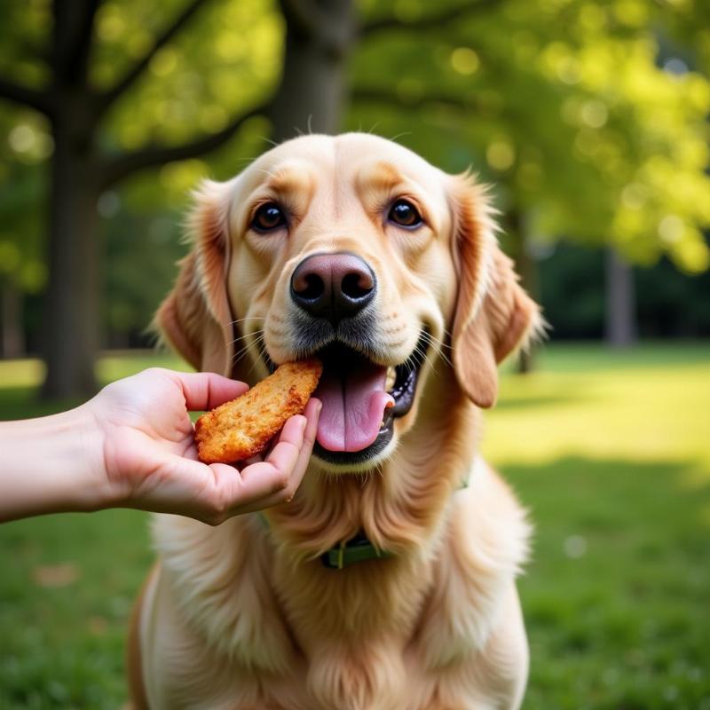 Dog Enjoying Chicken and Apple Treat