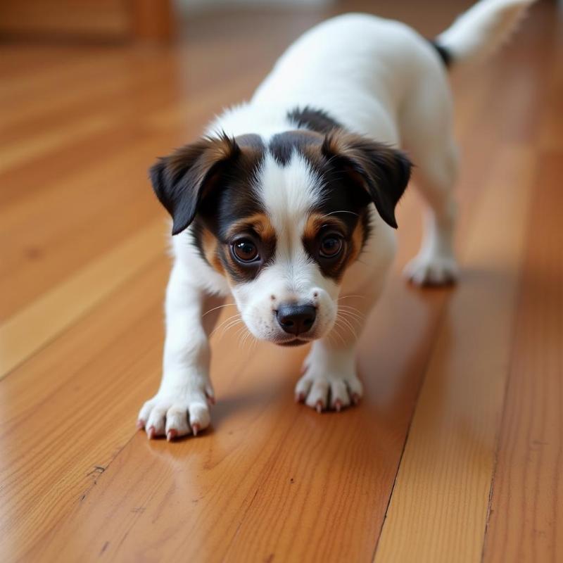 Dog Hesitant on Hardwood Floor