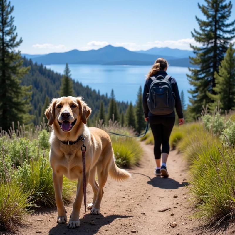 A dog hiking on a Lake Tahoe trail