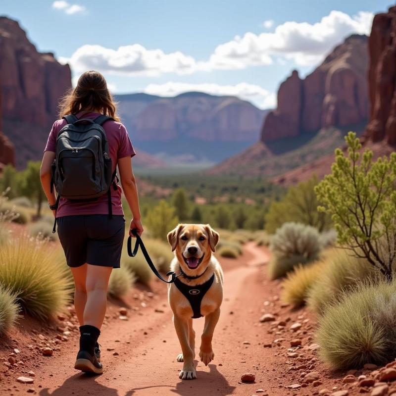 Dog hiking on a trail in Utah's red rock canyons