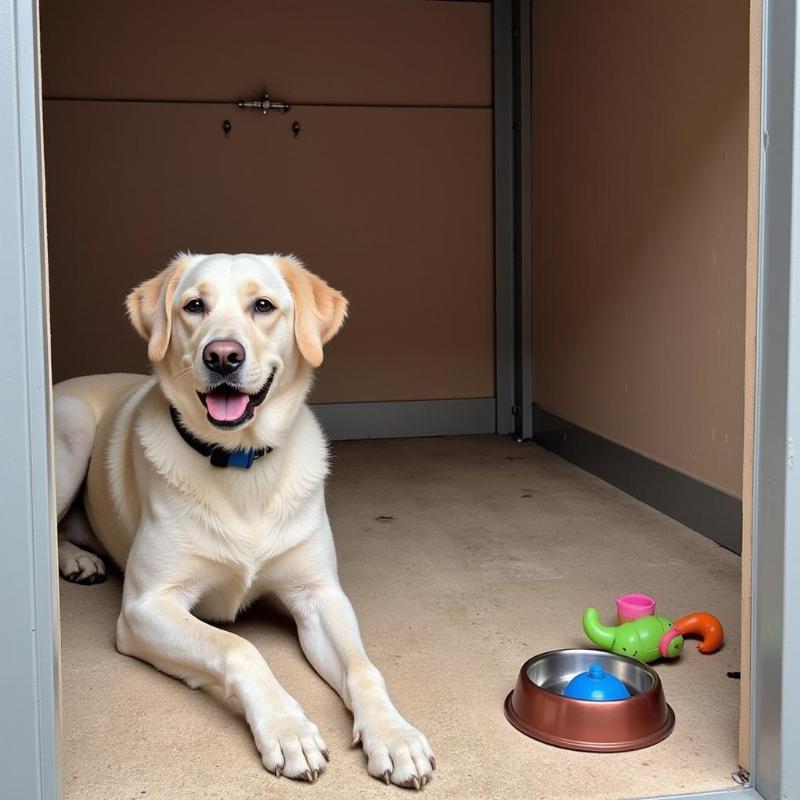 Dog in Kennel with Toys and Water