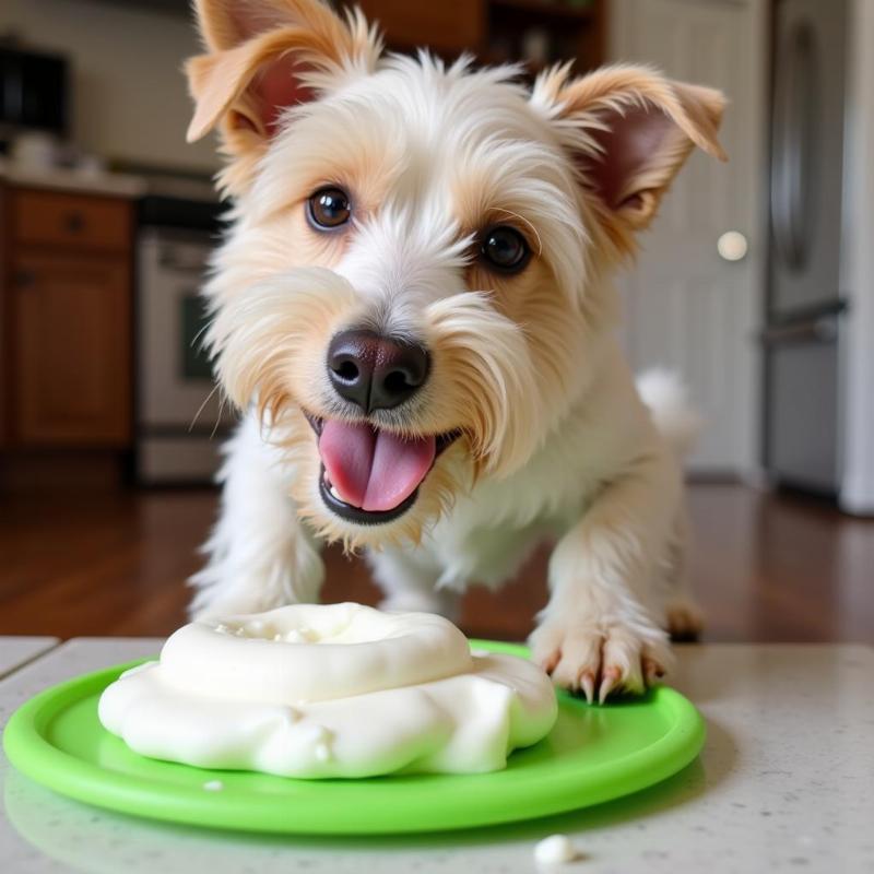 Dog licking yogurt from a lick mat