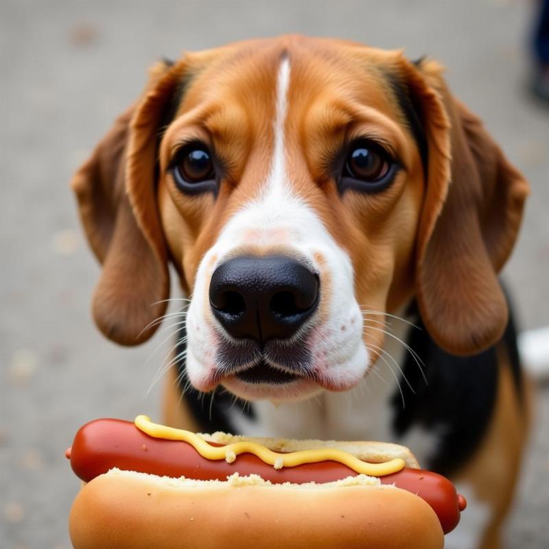 Dog Looking at a Hot Dog