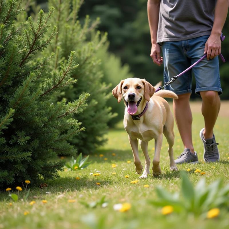 Dog on Leash Near Juniper Bush