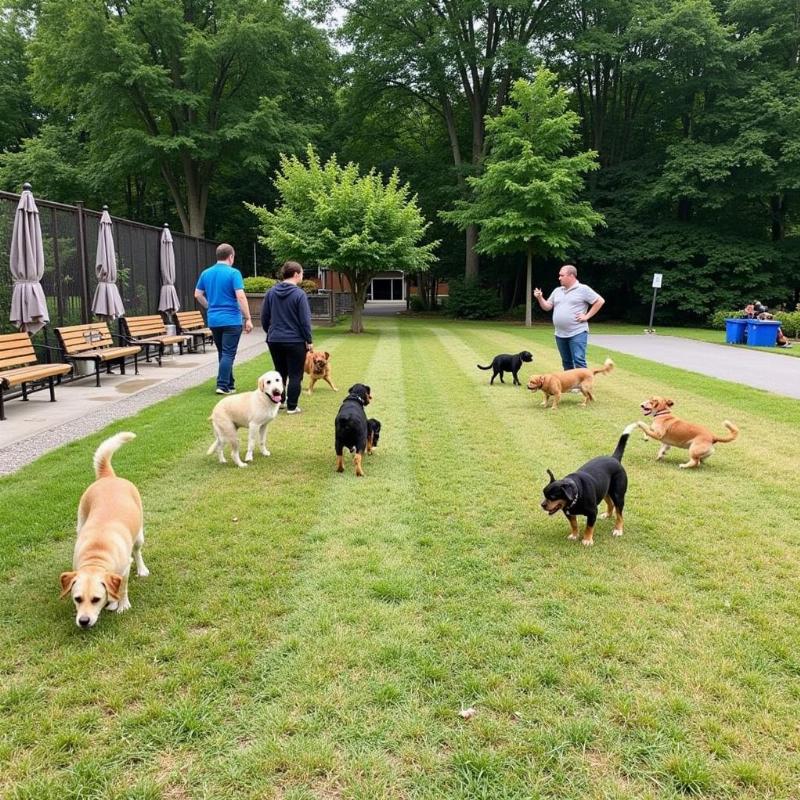 A fenced-in dog park with dogs playing and people socializing.