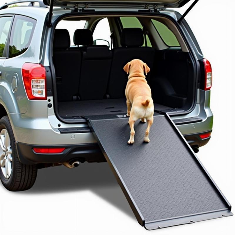 Dog ramp being installed in the back seat of a car