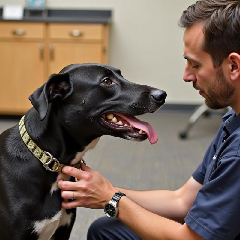 Dog trainer fitting a prong collar on a dog