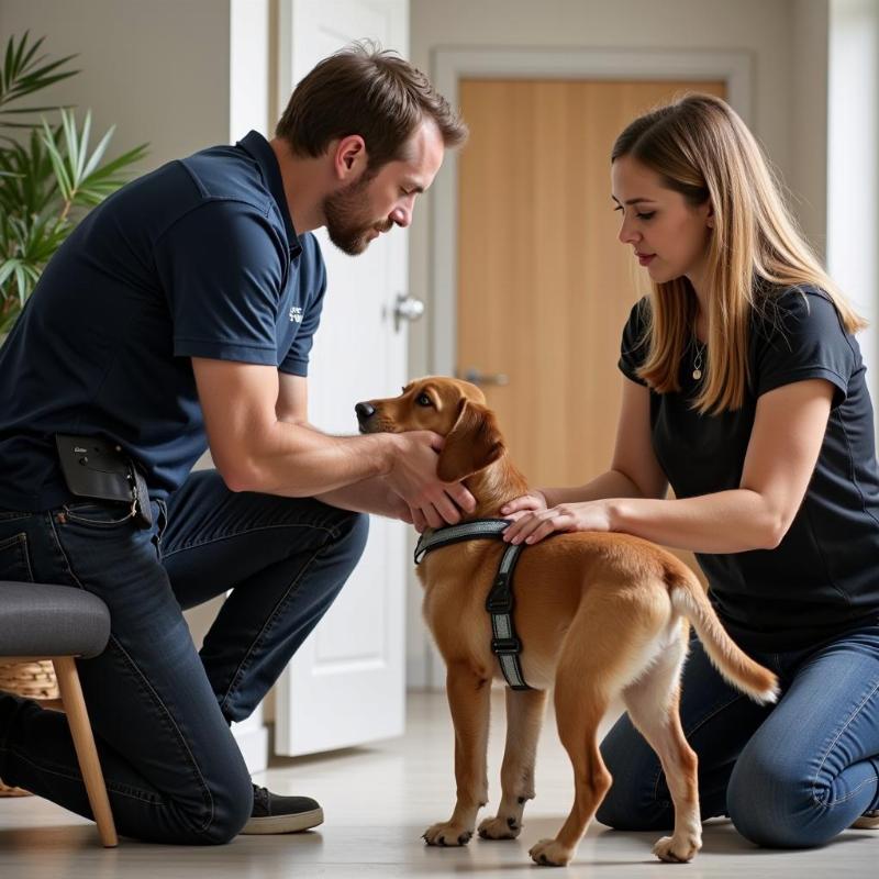 Dog Trainer Helping with Harness