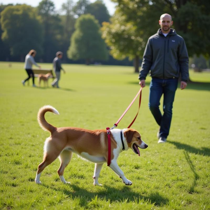 Dog Walking with Extra Long Leash in a Park