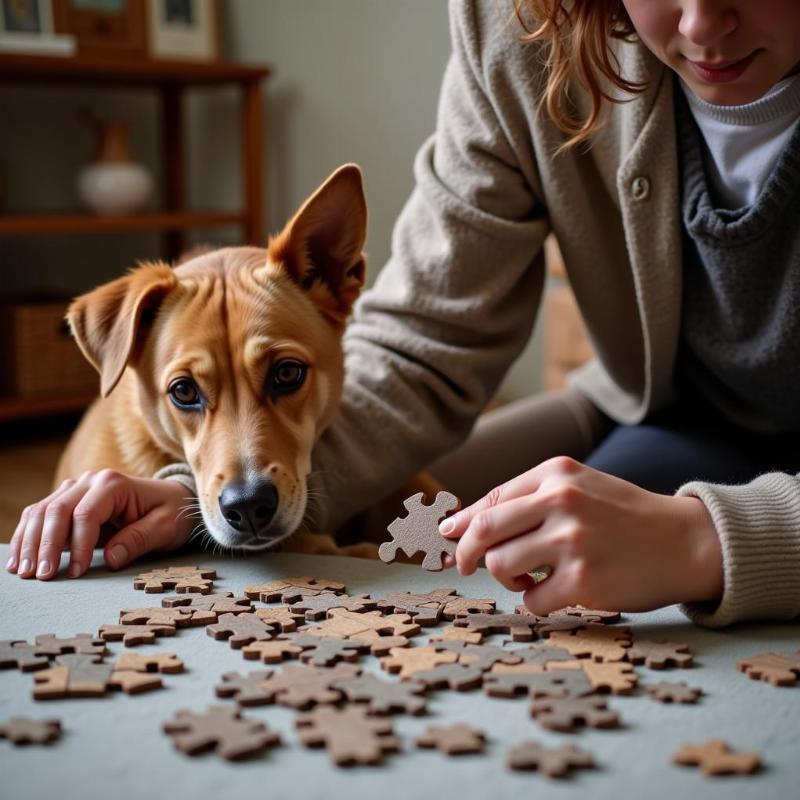 A dog calmly observing its owner working on a puzzle