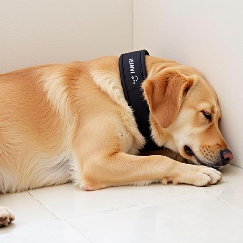 A dog wearing an anti-lick strip comfortably while sleeping.