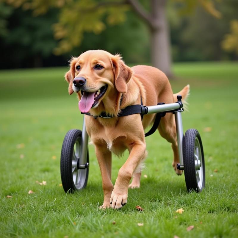 Dog in a wheelchair enjoying the outdoors