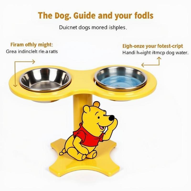 An elevated Winnie the Pooh dog bowl stand with two bowls for food and water.