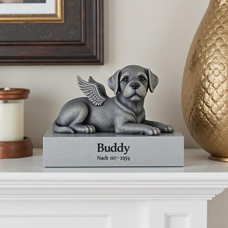 Engraved Dog Angel Statue with Name and Dates